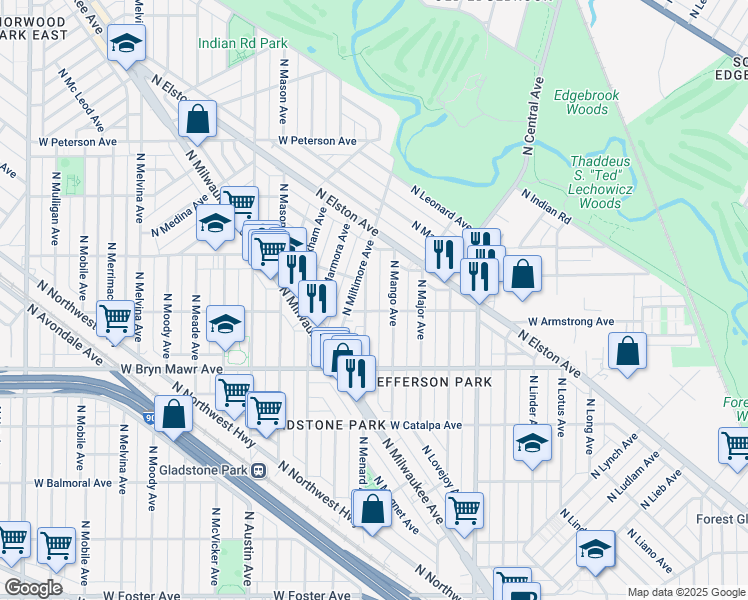 map of restaurants, bars, coffee shops, grocery stores, and more near 5704 North Mango Avenue in Chicago
