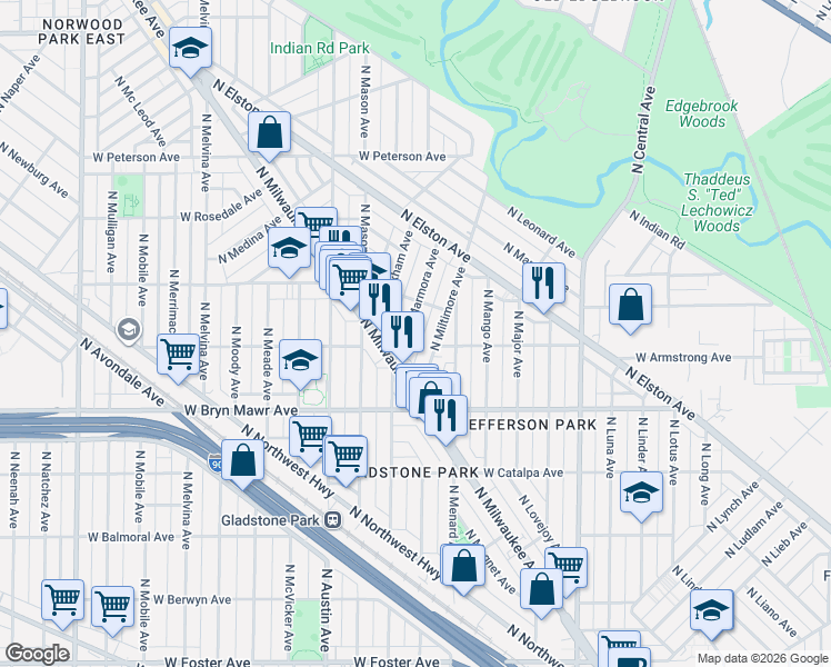 map of restaurants, bars, coffee shops, grocery stores, and more near 5702 North Miltmore Avenue in Chicago