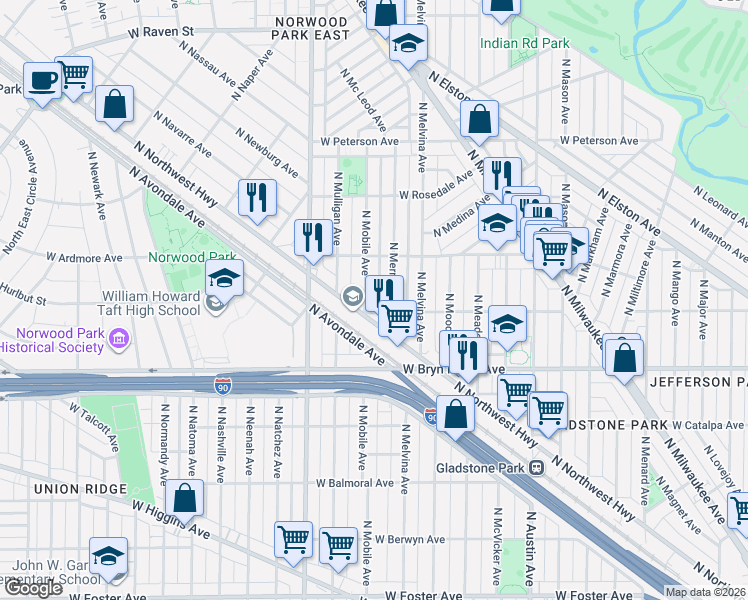 map of restaurants, bars, coffee shops, grocery stores, and more near 5706 North Merrimac Avenue in Chicago
