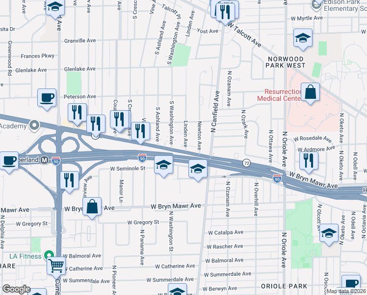 map of restaurants, bars, coffee shops, grocery stores, and more near 110 West Higgins Road in Park Ridge