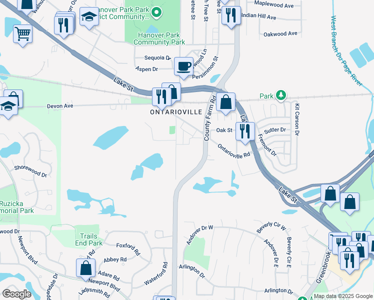 map of restaurants, bars, coffee shops, grocery stores, and more near 7N618 Merwin Street in Hanover Park