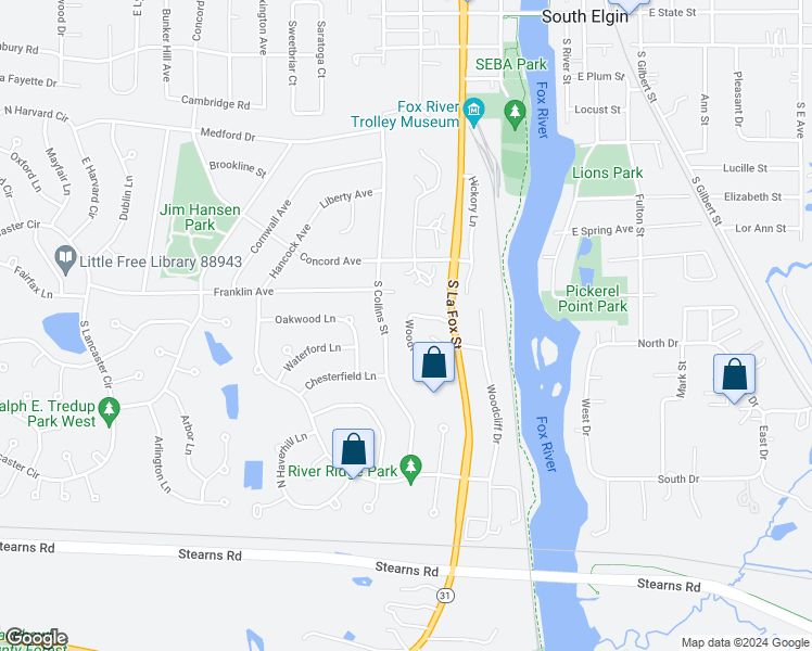 map of restaurants, bars, coffee shops, grocery stores, and more near 325 Woodridge Circle in South Elgin