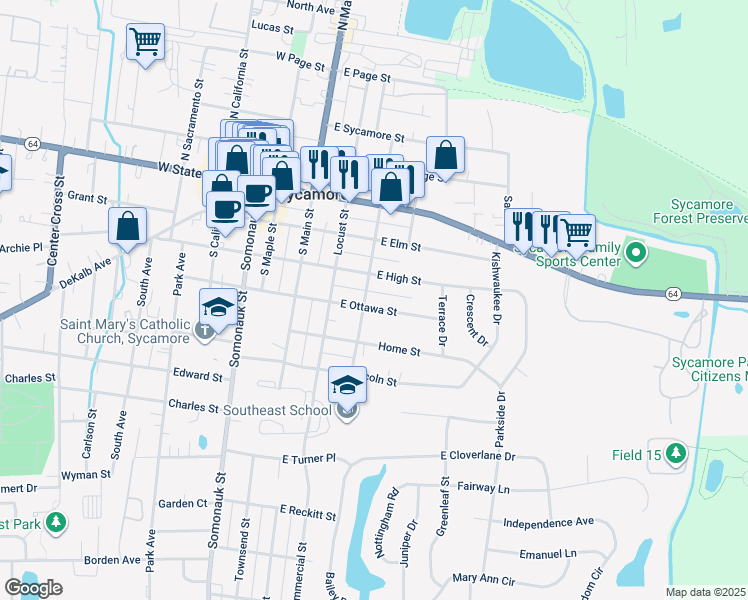 map of restaurants, bars, coffee shops, grocery stores, and more near 319 East Ottawa Street in Sycamore