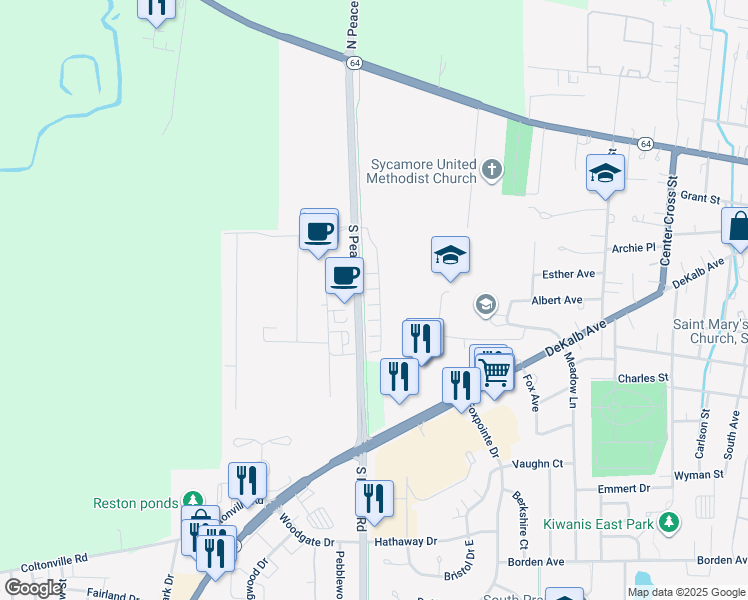 map of restaurants, bars, coffee shops, grocery stores, and more near 540 South Peace Road in Sycamore