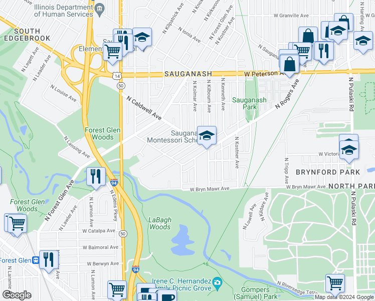 map of restaurants, bars, coffee shops, grocery stores, and more near 5739 North Kerbs Avenue in Chicago