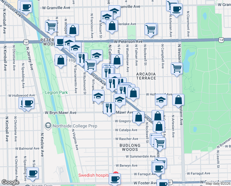 map of restaurants, bars, coffee shops, grocery stores, and more near 5656 North Lincoln Avenue in Chicago