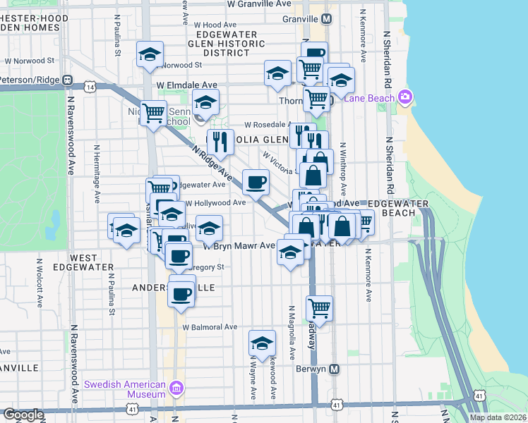 map of restaurants, bars, coffee shops, grocery stores, and more near 5680 North Ridge Avenue in Chicago