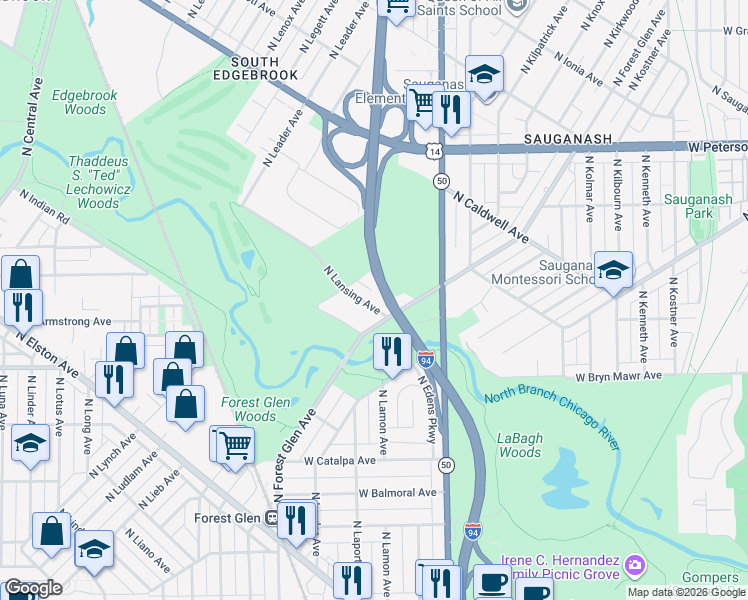 map of restaurants, bars, coffee shops, grocery stores, and more near 5727 North Lansing Avenue in Chicago