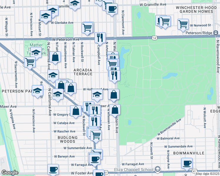 map of restaurants, bars, coffee shops, grocery stores, and more near 5700 North Western Avenue in Chicago