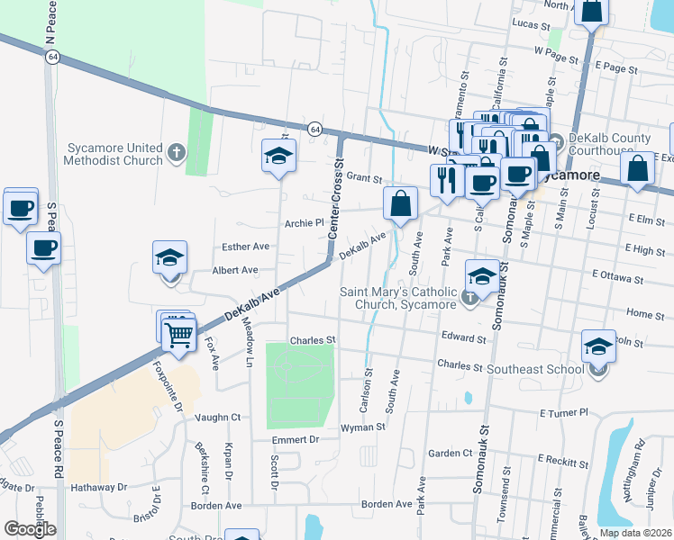 map of restaurants, bars, coffee shops, grocery stores, and more near 806 DeKalb Avenue in Sycamore