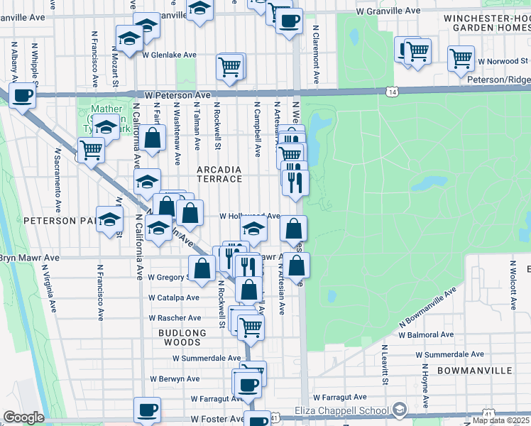 map of restaurants, bars, coffee shops, grocery stores, and more near 2454 West Hollywood Avenue in Chicago