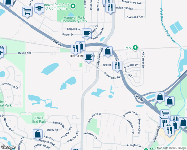 map of restaurants, bars, coffee shops, grocery stores, and more near 7N618 Merwin Street in Hanover Park
