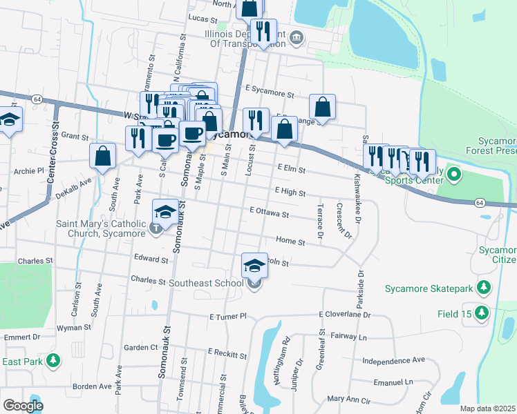 map of restaurants, bars, coffee shops, grocery stores, and more near 219 East Ottawa Street in Sycamore