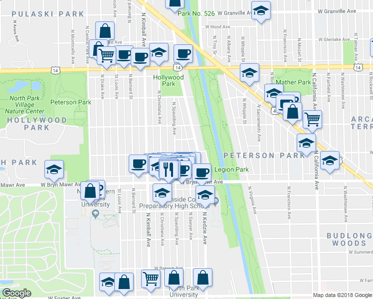 map of restaurants, bars, coffee shops, grocery stores, and more near 3244 West Hollywood Avenue in Chicago