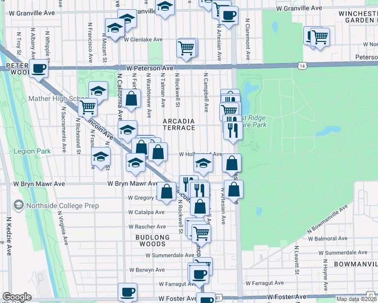 map of restaurants, bars, coffee shops, grocery stores, and more near 5705 North Maplewood Avenue in Chicago