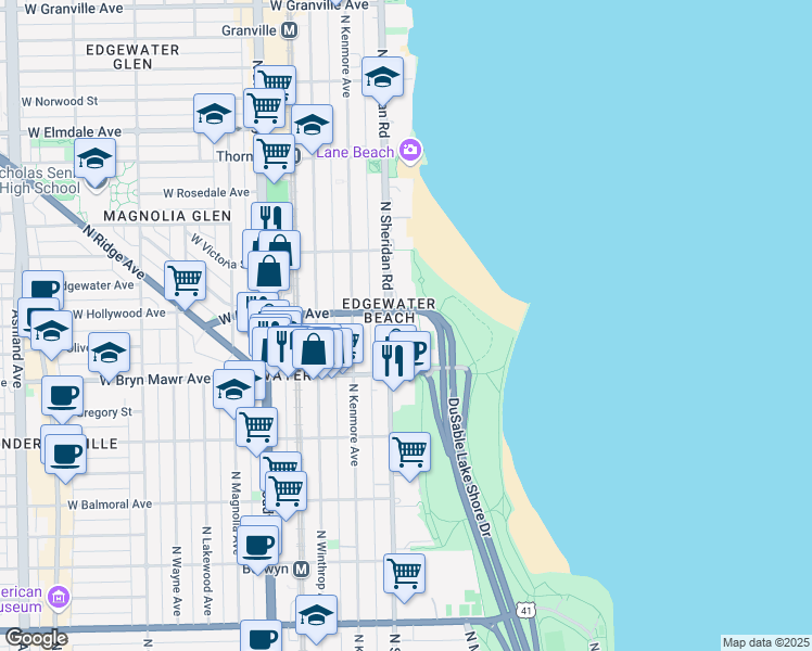 map of restaurants, bars, coffee shops, grocery stores, and more near 5623 North Sheridan Road in Chicago