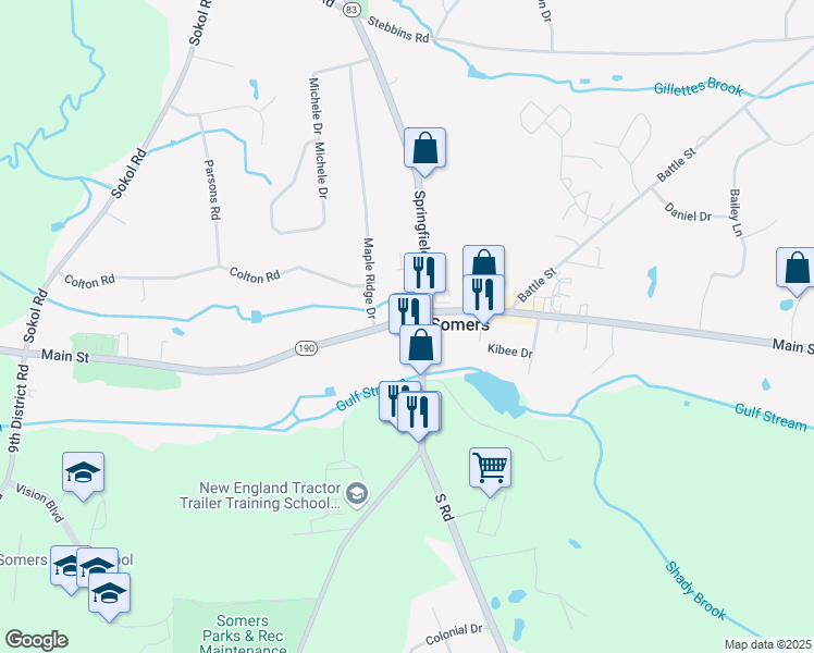 map of restaurants, bars, coffee shops, grocery stores, and more near 576 Main Street in Somers