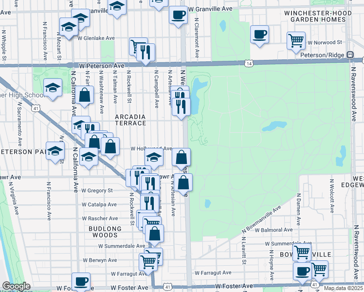 map of restaurants, bars, coffee shops, grocery stores, and more near 5700 North Western Avenue in Chicago