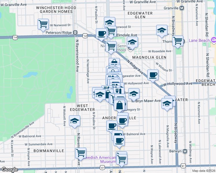 map of restaurants, bars, coffee shops, grocery stores, and more near 1600 West Hollywood Avenue in Chicago