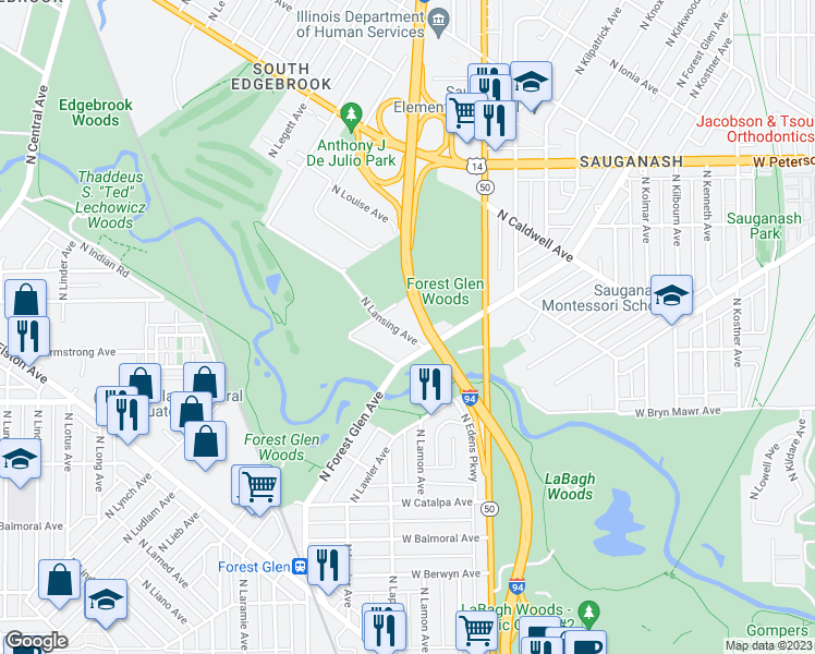 map of restaurants, bars, coffee shops, grocery stores, and more near 5727 North Lansing Avenue in Chicago