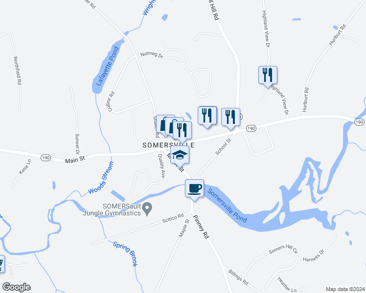 map of restaurants, bars, coffee shops, grocery stores, and more near 124 Main Street in Somers