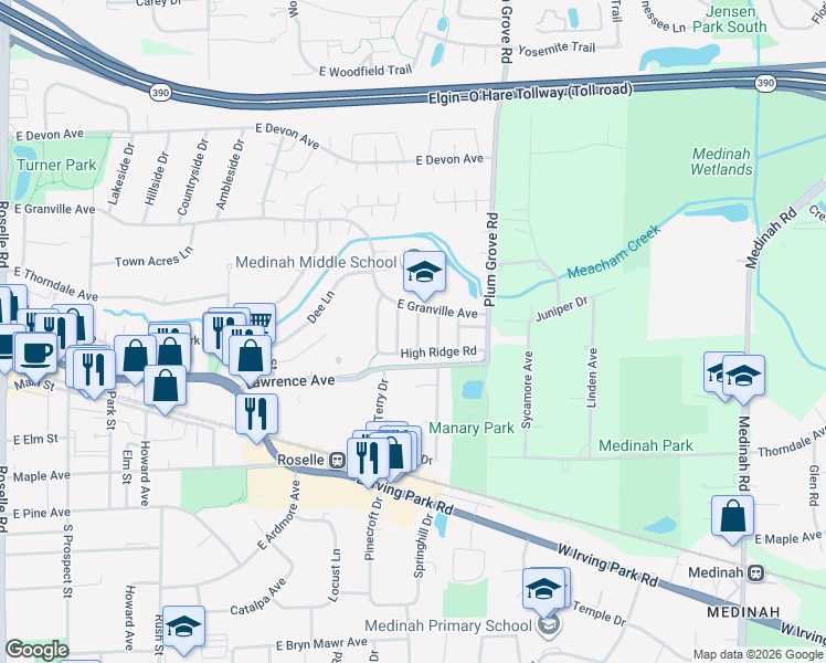 map of restaurants, bars, coffee shops, grocery stores, and more near 48 Century Drive in Roselle