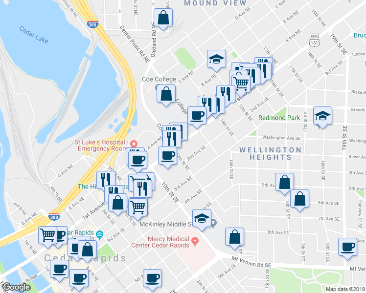 map of restaurants, bars, coffee shops, grocery stores, and more near 1221 1st Avenue Northeast in Cedar Rapids