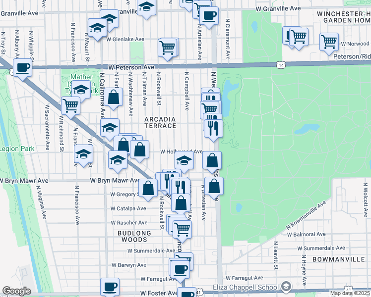 map of restaurants, bars, coffee shops, grocery stores, and more near 5705 North Maplewood Avenue in Chicago