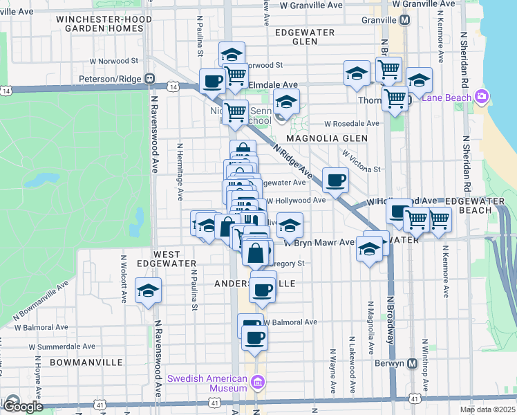 map of restaurants, bars, coffee shops, grocery stores, and more near 1465 West Hollywood Avenue in Chicago