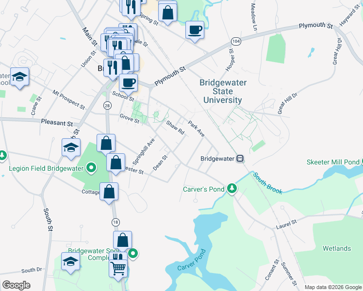 map of restaurants, bars, coffee shops, grocery stores, and more near 25 Clarence Avenue in Bridgewater