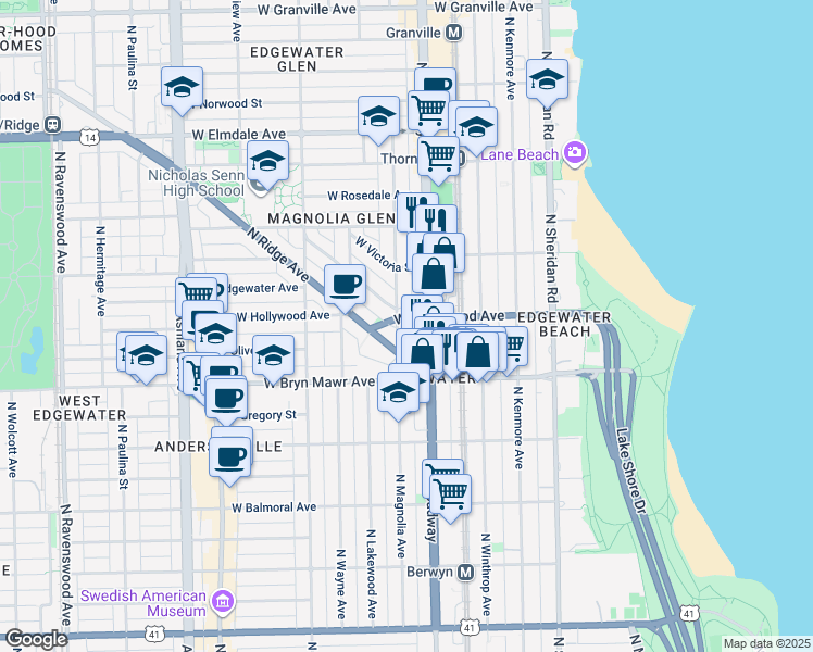 map of restaurants, bars, coffee shops, grocery stores, and more near 5653 North Magnolia Avenue in Chicago