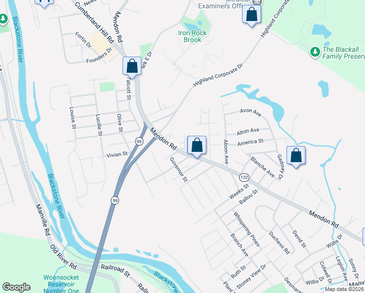 map of restaurants, bars, coffee shops, grocery stores, and more near 4077 Mendon Road in Cumberland