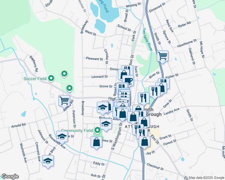 map of restaurants, bars, coffee shops, grocery stores, and more near 20 Broad Street in North Attleborough