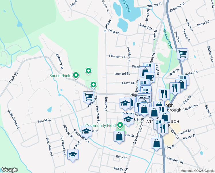 map of restaurants, bars, coffee shops, grocery stores, and more near 354 Broadway in North Attleborough