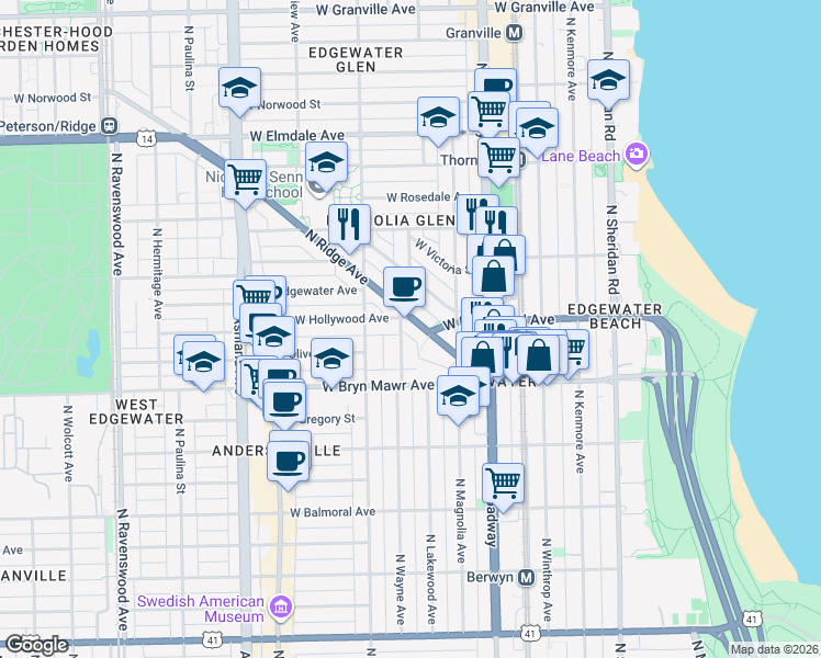 map of restaurants, bars, coffee shops, grocery stores, and more near 5680 North Ridge Avenue in Chicago