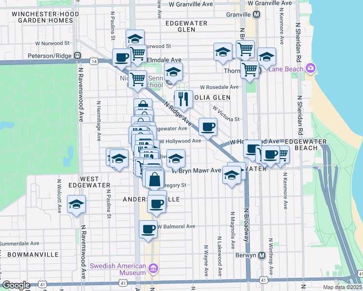 map of restaurants, bars, coffee shops, grocery stores, and more near 1422 West Olive Avenue in Chicago