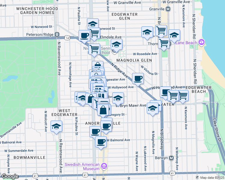 map of restaurants, bars, coffee shops, grocery stores, and more near 1465 West Hollywood Avenue in Chicago