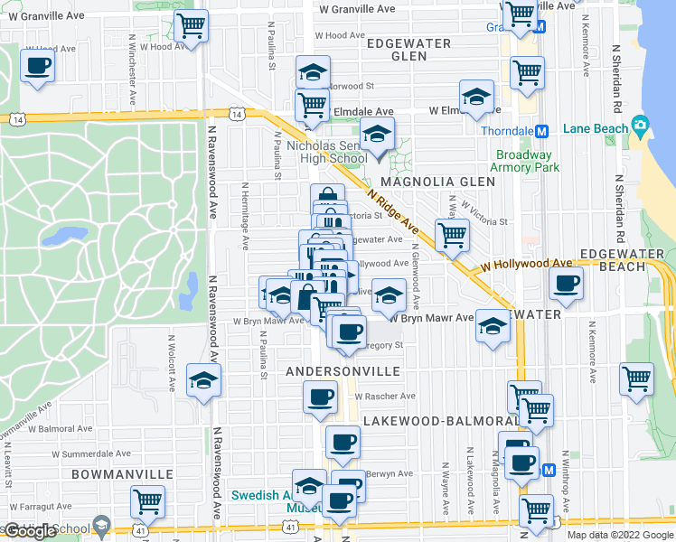 map of restaurants, bars, coffee shops, grocery stores, and more near 5659 North Clark Street in Chicago