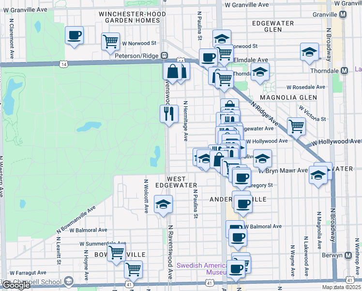 map of restaurants, bars, coffee shops, grocery stores, and more near 5656 North Hermitage Avenue in Chicago