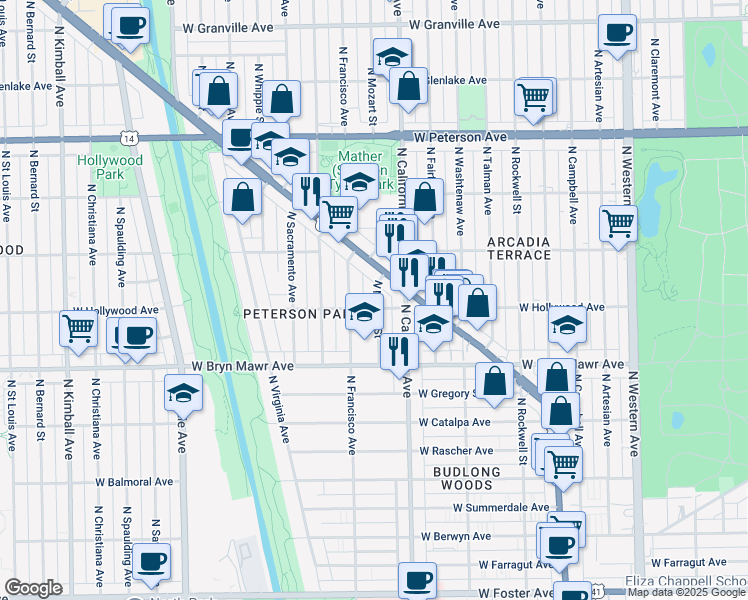 map of restaurants, bars, coffee shops, grocery stores, and more near 2840 West Hollywood Avenue in Chicago