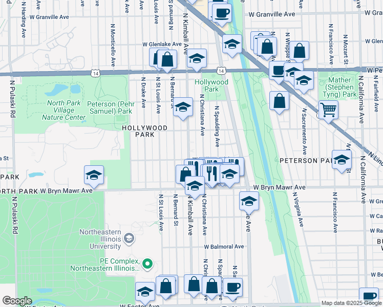map of restaurants, bars, coffee shops, grocery stores, and more near 5700 North Kimball Avenue in Chicago