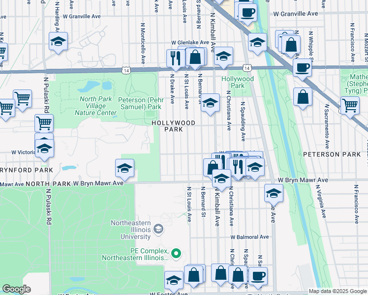 map of restaurants, bars, coffee shops, grocery stores, and more near 5707 North Drake Avenue in Chicago