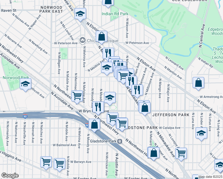 map of restaurants, bars, coffee shops, grocery stores, and more near 6008 West Seminole Street in Chicago