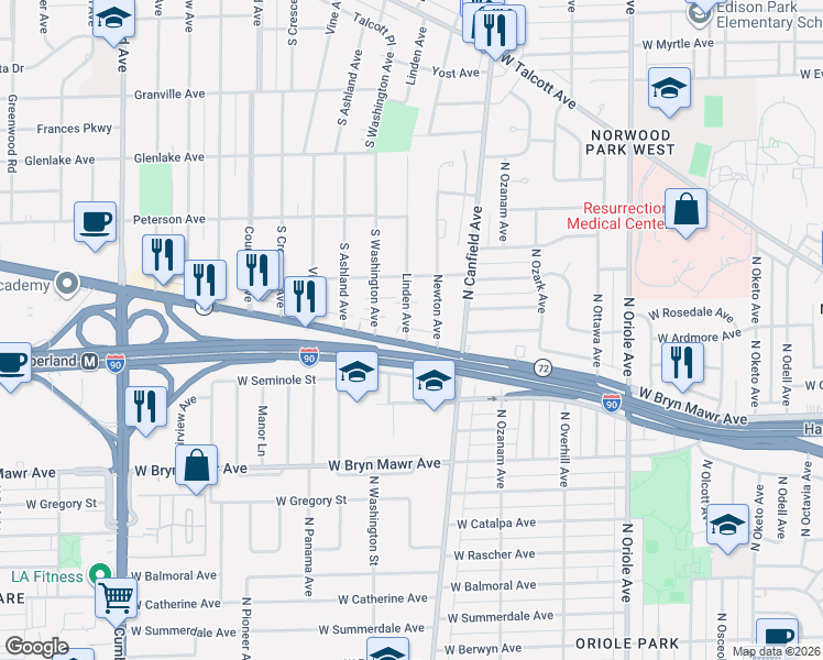 map of restaurants, bars, coffee shops, grocery stores, and more near 110 West Higgins Road in Park Ridge