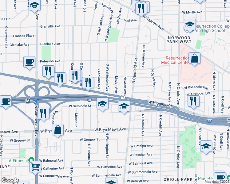 map of restaurants, bars, coffee shops, grocery stores, and more near 110 West Higgins Road in Park Ridge