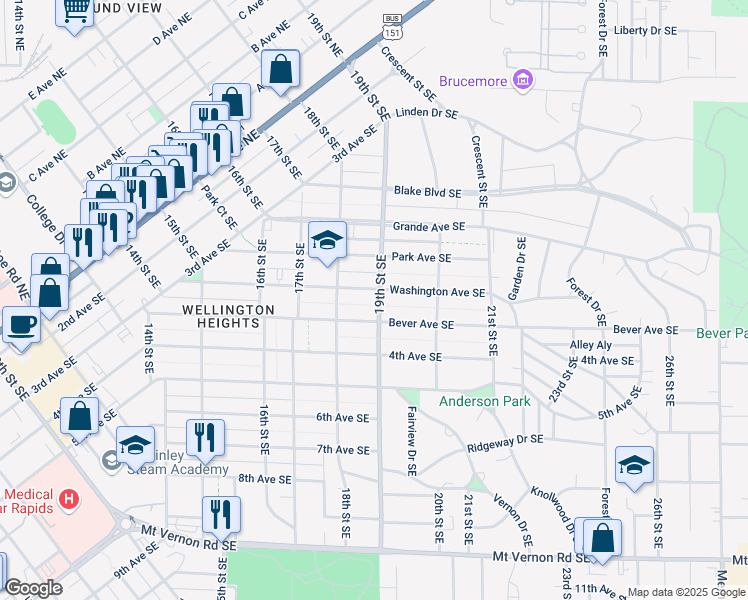map of restaurants, bars, coffee shops, grocery stores, and more near 1912 Bever Avenue Southeast in Cedar Rapids