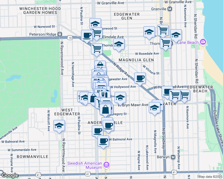 map of restaurants, bars, coffee shops, grocery stores, and more near 1465 West Hollywood Avenue in Chicago