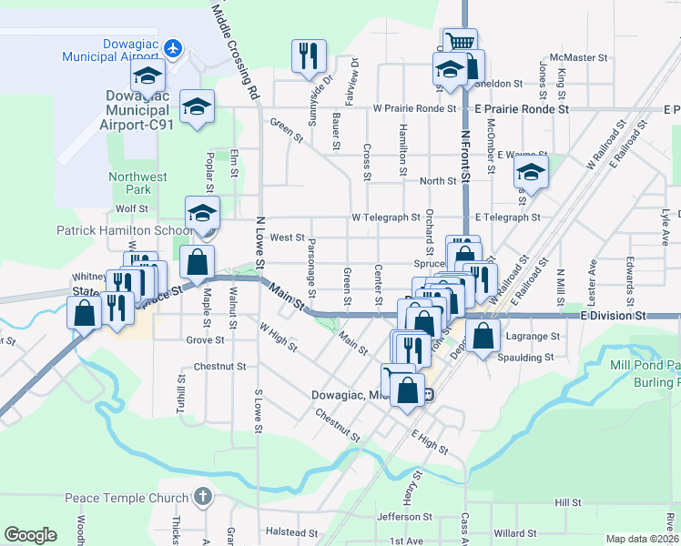 map of restaurants, bars, coffee shops, grocery stores, and more near 404 Courtland Street in Dowagiac