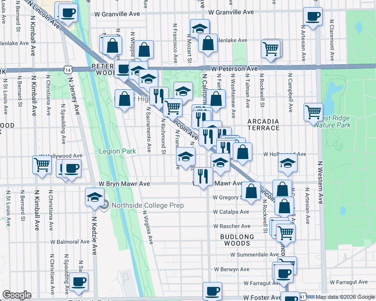 map of restaurants, bars, coffee shops, grocery stores, and more near 2840 West Hollywood Avenue in Chicago