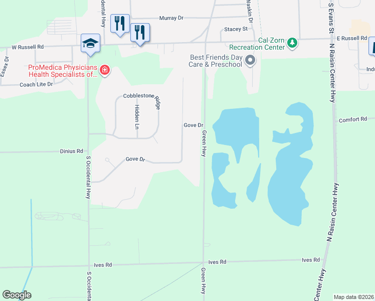 map of restaurants, bars, coffee shops, grocery stores, and more near 6440 Green Highway in Tecumseh
